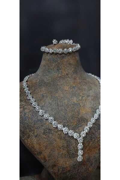 AlSultan Bijuteri Su Yolu Cam Taşlı Kolye Küpe ve Bileklikı Seti Nişan Seti