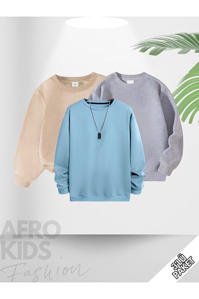 GLOWES Children's Unisex 3 Pack Plain Unprinted Crew Neck Oversize Sweatshirt