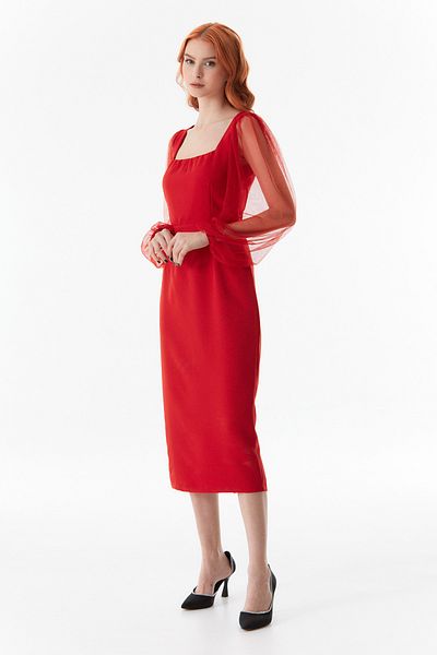 Fulla Moda Slit Dress with Tulle Sleeves Detail