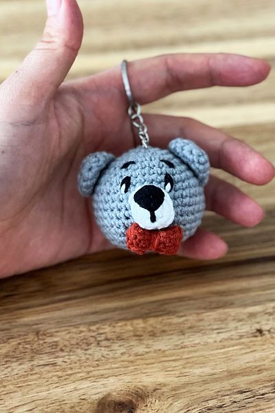 FCSTORE Gray Bow Tie Teddy Bear Amigurumi - Handmade Organic Vegan Toy Keychain Bag (1 Piece)