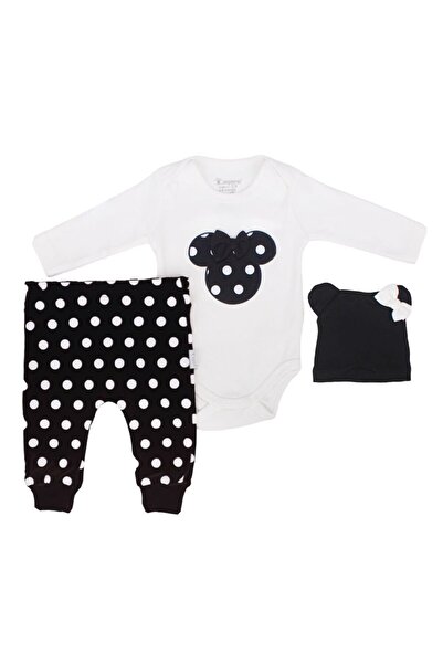 bebegen Kız Bebek Beyaz Siyah Puanlı Minili Fiyonklu Bereli 3'lü Takım