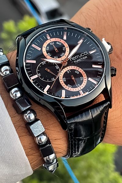 Ferrucci Black Color All Mechanisms Active Steel Case Leather Band Men's Wrist Watch Bracelet