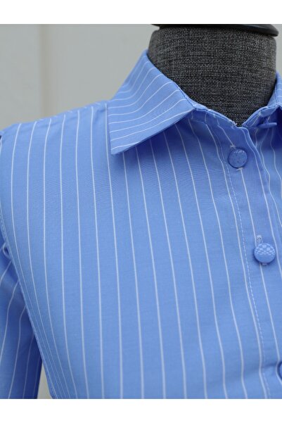 Modamorfo Shirt Collar Bolero Detailed Striped Long Dress -Light Blue