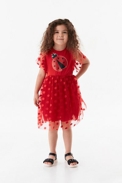 Fulla Moda Girl's Dress - Printed and Tulle Detail