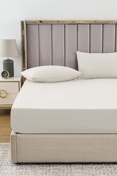 TeksNil Home RanForce Beige Elastic Cotton Single/double Bed Sheet - 14 Colors Fitted