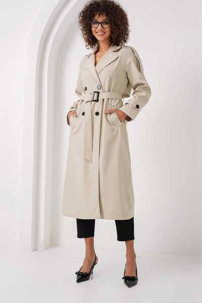 hazelin Cream Colored Women's Trench Coat - Double Breasted Collar, Belt and Lining, Seasonal Hzl25W-Bd 159411