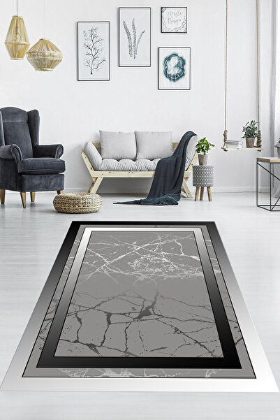 G&C HOME Dijital Kaymaz Yıkanabilir Modern GRİ-ANTRASİT Mutfak Halısı Salon H...