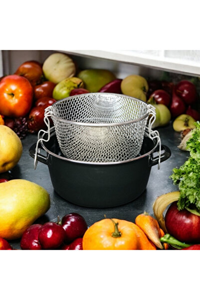 qussine 24 cm Enamel Fryer Frying Pot Black Potato Chips Pot