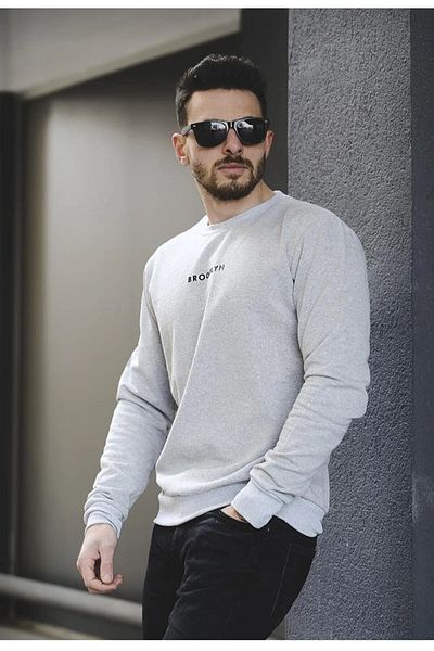 Moda Işık Μπλούζα Brooklyn Printed Grey Crew Neck Φούτερ