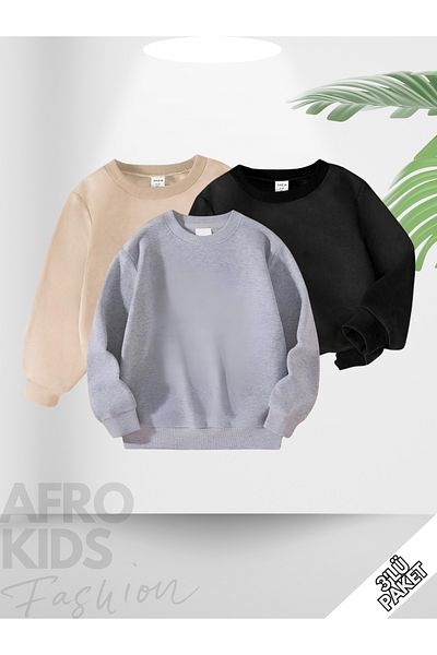 GLOWES Children's Unisex 3 Pack Plain Unprinted Crew Neck Oversize Sweatshirt