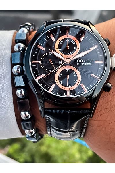Ferrucci Black Color All Mechanisms Active Steel Case Leather Band Men's Wrist Watch Bracelet