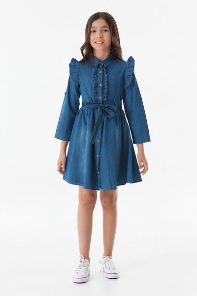Fulla Moda Crew Neck Folded Sleeve Girl's Dress - Buttoned