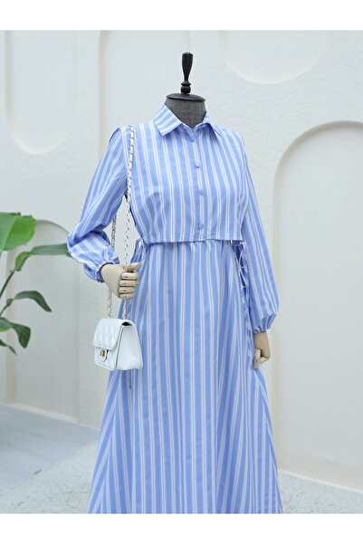 Modamorfo Striped Long Dress with Shirt Collar Bolero Detail -Baby Blue
