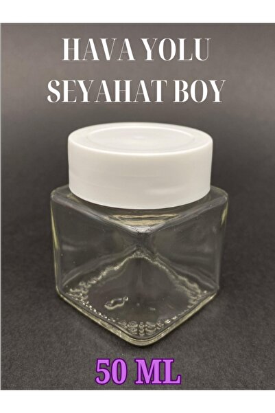 JUST TRAVEL 50 ML  BOŞ ŞEFFAF KARE CAM KAVANOZ BEYAZ PLASTİK KAPAKLI MERHEM K...