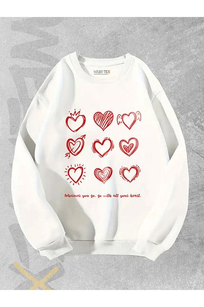 WEARTEX Heart Printed Unisex Oversize Sweatshirt - Crew Neck Hoodie