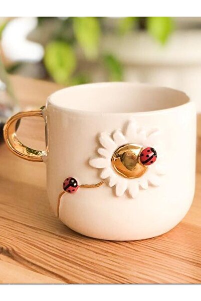 Monako Limited Edition Daisy Embossed, 24 Carat Gold Decorated, Handmade, Daisy Mug, Daisy Mug, Flower Mug, 300 ml
