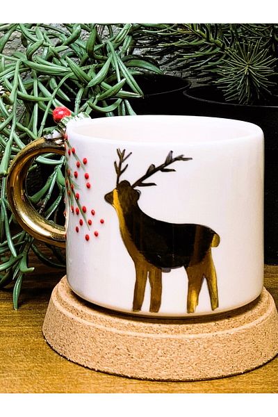 Monako Limited Edition 24 Carat Gold Decorated, Christmas Deer Figured, Handmade, Gift Coffee Cup, Deer Mug, Elk Mug