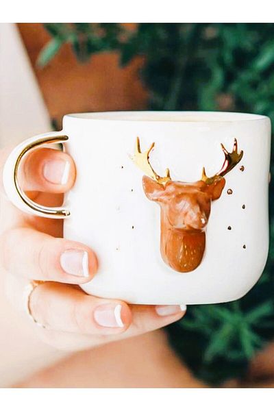 Celines Wonders 24 Carat Gold Detailed, Handmade, New Year Deer Embossed, Gift Mug, Deer Mug, Elk Mug