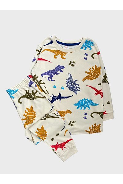 elmas kids Boy's 100% Cotton Ecru Dinosaur Patterned Long Sleeve Pajama Set