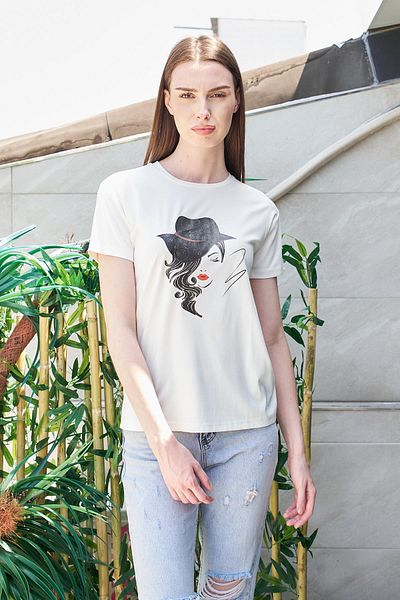 Jument Tricou cu mânecă scurtă cu imprimeu elegant și fără încrețiri - Gât crew, Span Mix, cu pălărie
