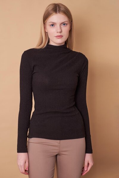 Jument Kadın Kaşkorse Yarım Balıkçı Omuzları Pileli Uzun Kol Likralı İnce Triko Bluz-Siyah