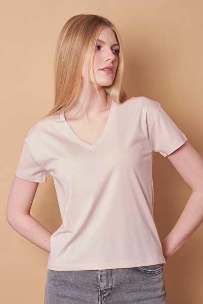 Jument Γυναικεία λαιμόκοψη V με κοντό μανίκι Lycra ύφασμα κομψή μπλούζα-πέτρα