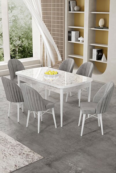 Canisa Gale Serisi 80x132 Açılabilir Lak Panel Beyaz Mermer Desen Mutfak Masa...