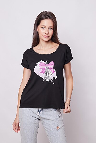 Jument Printed Boat Neck Wrinkle-Free Span Blended Stylish Off-Shoulder Double Sleeve Blouse -Black Eiffel Tower Print