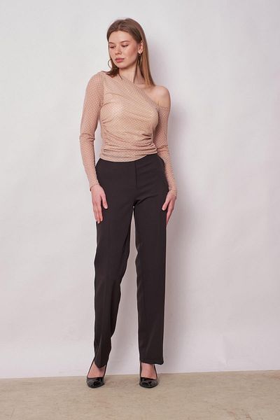 Jument Γυναικεία στάμπα τούλι στον ώμο Μέση Shirred Shoulder Χαμηλό μακρυμάνικο Lycra Κομψή μπλούζα-μπεζ πουά
