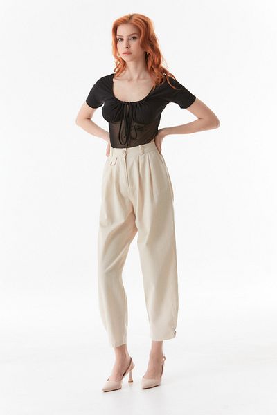 Fulla Moda High Waist Button Detailed Straight Linen Trousers