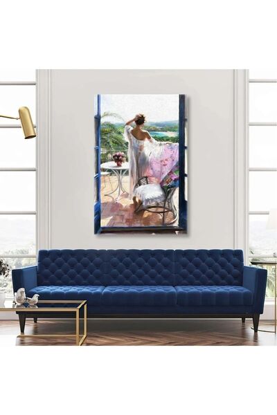 Limitless Design Femeie în rochie albă, cu vedere la balcon, tablou pe pânză ...