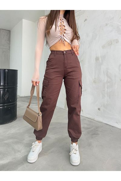 BİKELİFE Pantaloni maro din țesătură gabardină - cu buzunar cargo