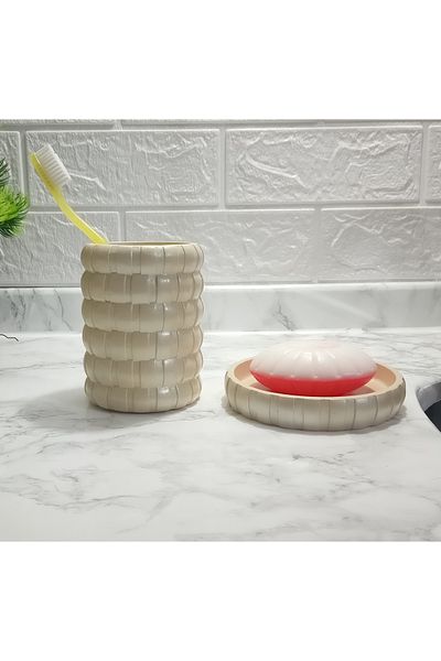 Bosphorus Toothbrush Holder and Soap Dish 2-Piece Bathroom Set, Cream Knitted
