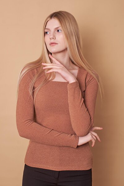 Jument Γυναικεία καμιζόλα τετράγωνη λαιμόκοψη μακρυμάνικη λύκρα λεπτή πλεκτή μπλούζα-καμέλα