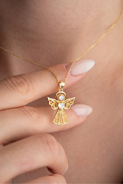 Silvano Jewelry 925 Ayar Gümüş Gold Kalp Tektaş Melek Kolye