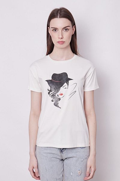 Jument Tricou cu mânecă scurtă cu imprimeu elegant și fără încrețiri - Gât crew, Span Mix, cu pălărie