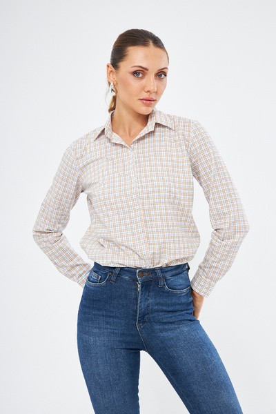 Si&Su Kadın Bej Uzun Kol Kareli Gömlek