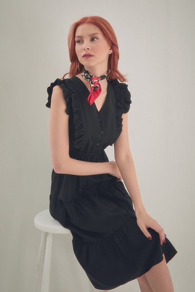 Fulla Moda Φόρεμα με βολάν με κουμπιά V λαιμόκοψη