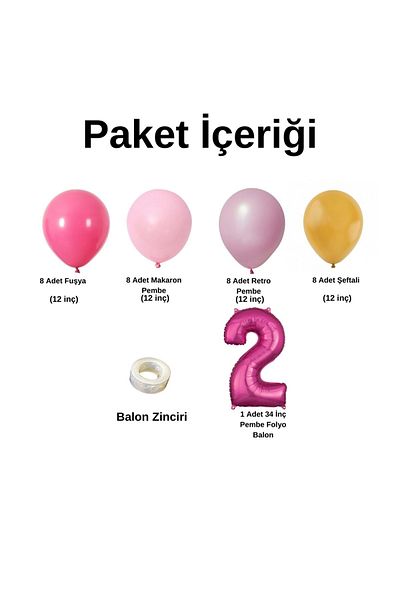Organizasyon Pazarı Fuchsia-M.Pink-R.Pink Balloon Set - 2-34inch Pink Polyobalon, Set of 30 Chains