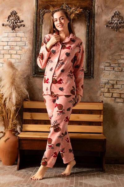 CALİA Χειμερινό Fleece Λούτρινο Σετ Πυτζάμες Γυναικεία - Μακρυμάνικο, Μπροστινό Κουμπί, Ζεστό