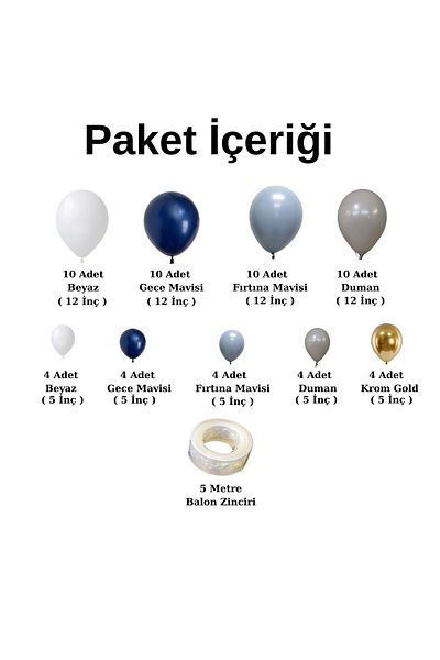 Organizasyon Pazarı Set of 60 White-Night Blue-Storm Blue-Smoke-Chrome Gold Balloon Chains