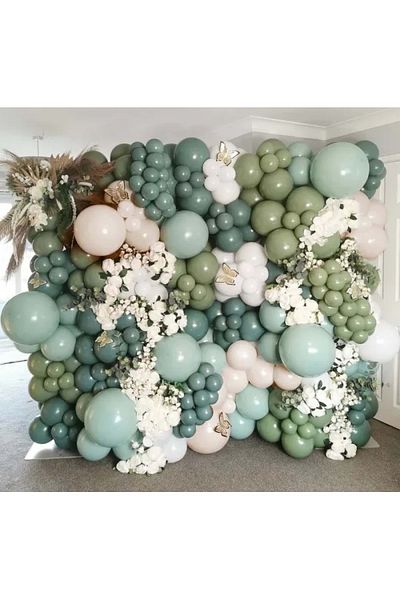 Organizasyon Pazarı 60pcs Winter Green White Eucalyptus Balloon Chain Set - Sage