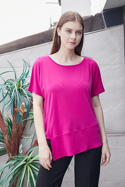 Jument Țesătură creponată din lycra magenta - decolteu barcă, asimetrică, bluză pentru femei fără umăr