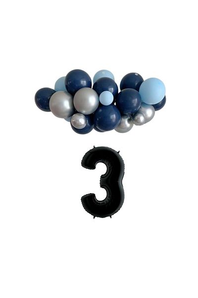 Organizasyon Pazarı 3 Year Old Birthday Set Midnight Blue-Chrome Silver-Light Blue 30 Pieces (Black)