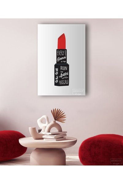 GülsenArt Kırmızı Rujlu Dekoratif HD Dijital Baskı Dikey Kanvas Tablo Güzelli...