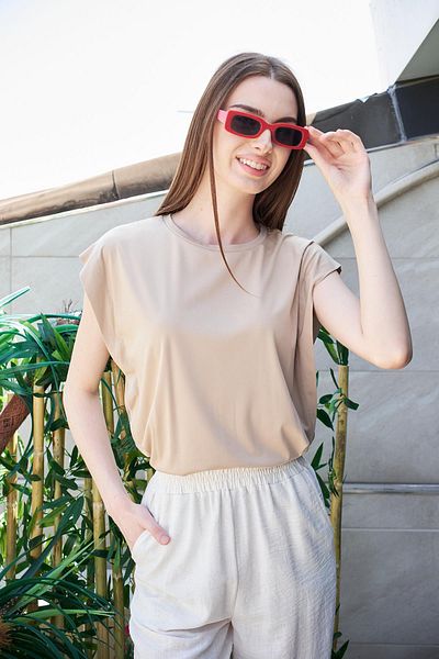 Jument Țesătură Lycra Span - Bluză tricou de bază fără mâneci, guler lat zero, umăr dezactivat - bej închis