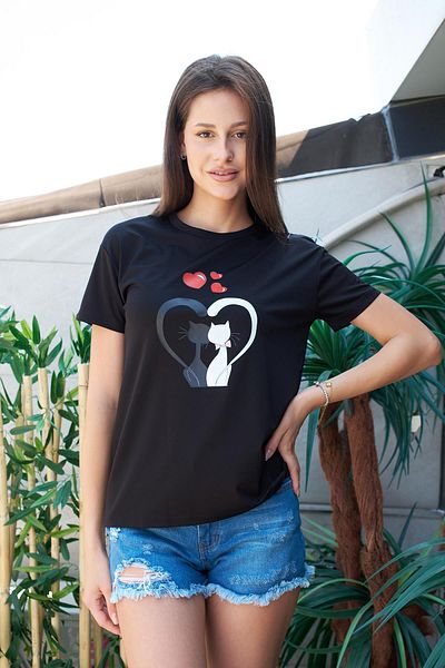 Jument Model de inimă de pisică neagră - Bluză tricou cu amestec spinal anti-încrețire, mânecă scurtă elegantă
