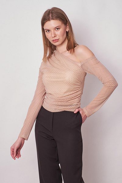 Jument Γυναικεία στάμπα τούλι στον ώμο Μέση Shirred Shoulder Χαμηλό μακρυμάνικο Lycra Κομψή μπλούζα-μπεζ πουά