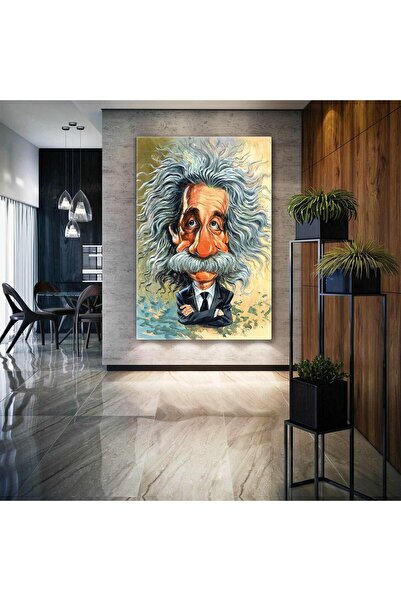 GülsenArt Albert Einstein Karikatürü Bilim İnsanı Dikey HD Dijital Baskı Kanv...