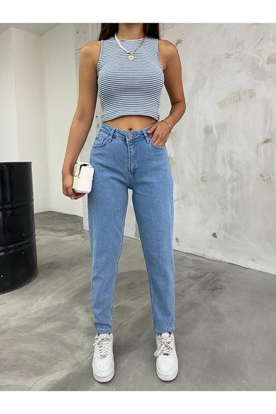 BİKELİFE Damen-Mom-Jeans mit hoher Taille, dehnbar/Lycra